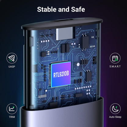 Electronic device with circuit board and chip labeled RTL9210B on a dark background