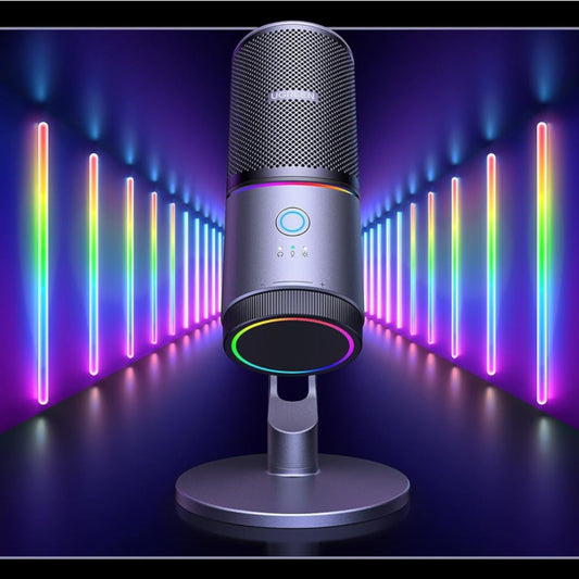 Microphone with RGB lighting on a dark background