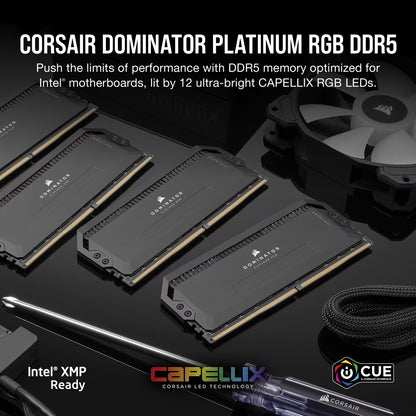 Corsair Dominator Platinum RGB DDR5 memory modules on a reflective surface with branding and product features highlighted.