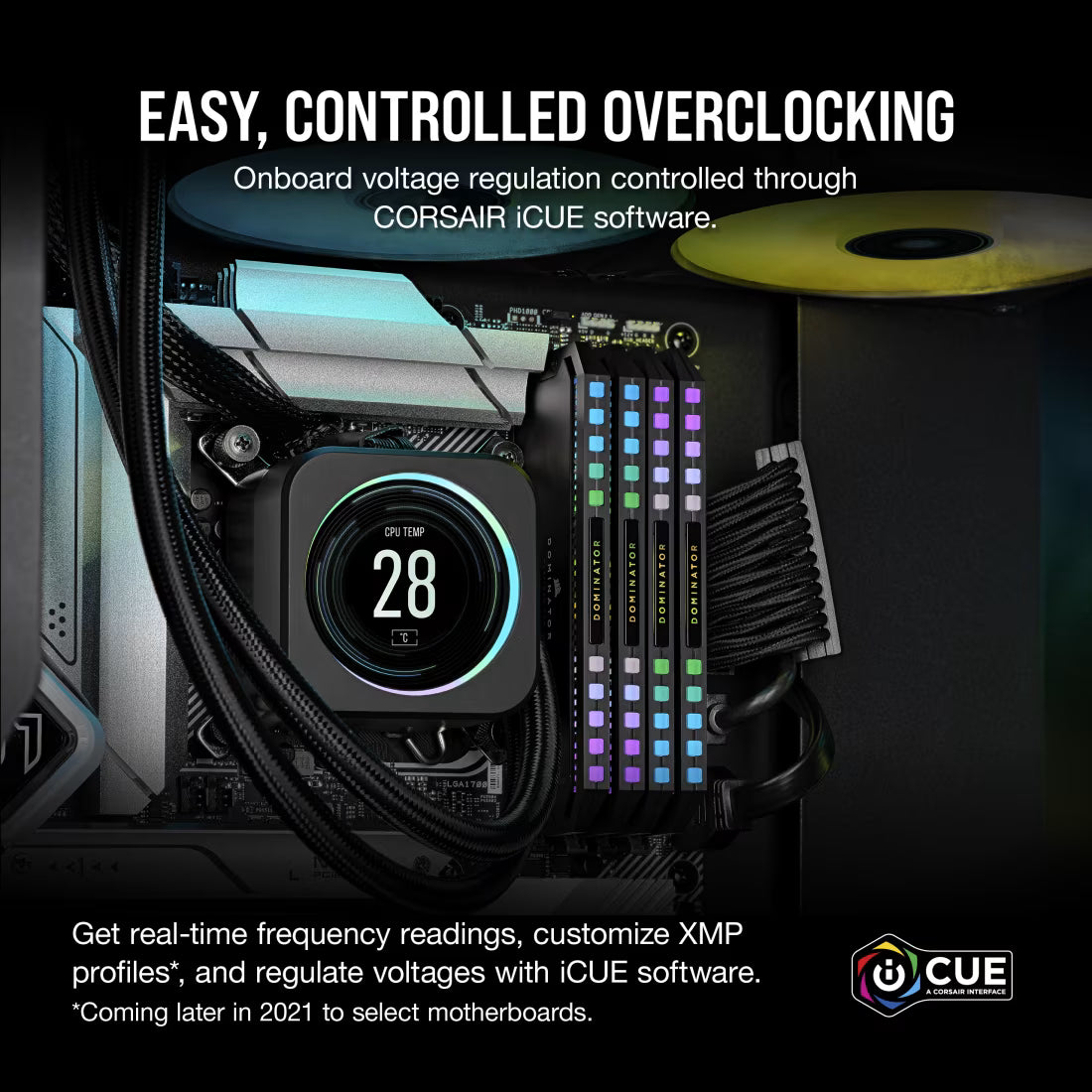 Computer motherboard with Corsair iCUE software interface, highlighting easy overclocking features.