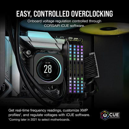 Computer motherboard with Corsair iCUE software interface, highlighting easy overclocking features.