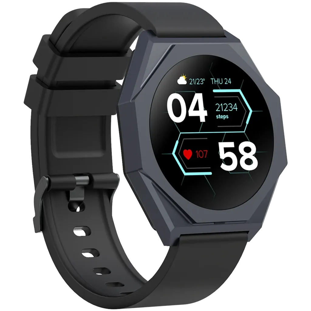 Black smartwatch with a hexagonal display on a white background