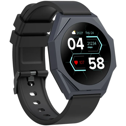 Black smartwatch with a hexagonal display on a white background