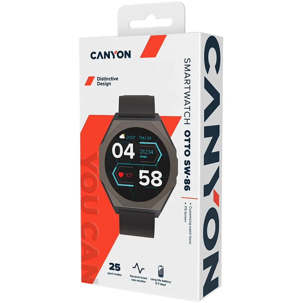 Canyon smartwatch packaging with watch illustration and branding
