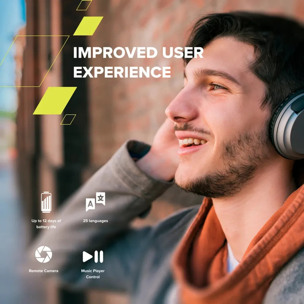 Man wearing headphones with 'Improved User Experience' text and icons on a blurred background
