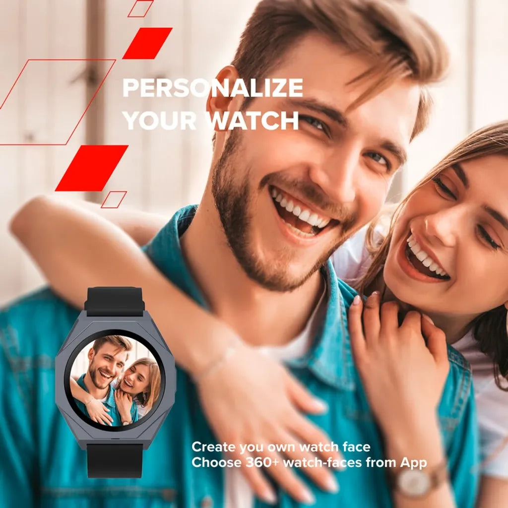 Couple taking a selfie with a smartwatch displaying their photo, with text overlay about personalizing the watch.