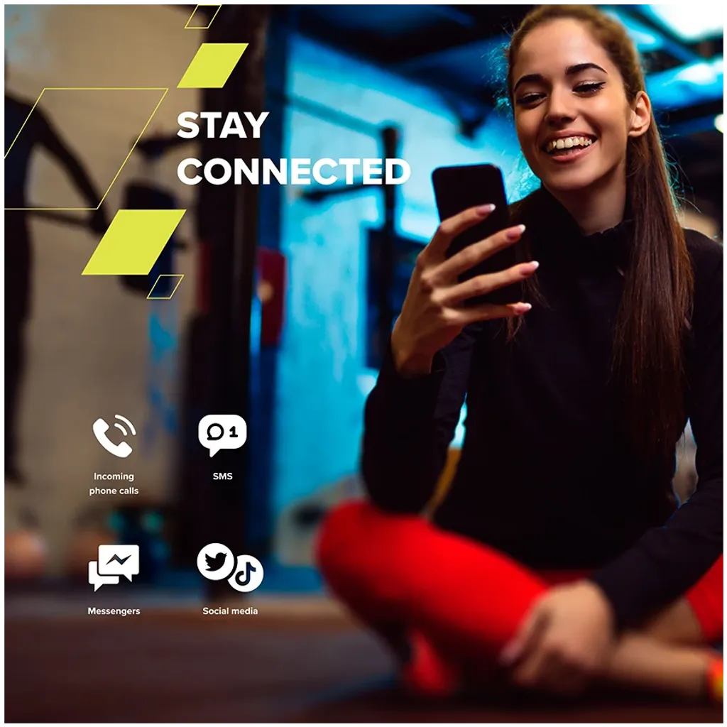 Woman using a phone with text 'Stay Connected' and icons below.