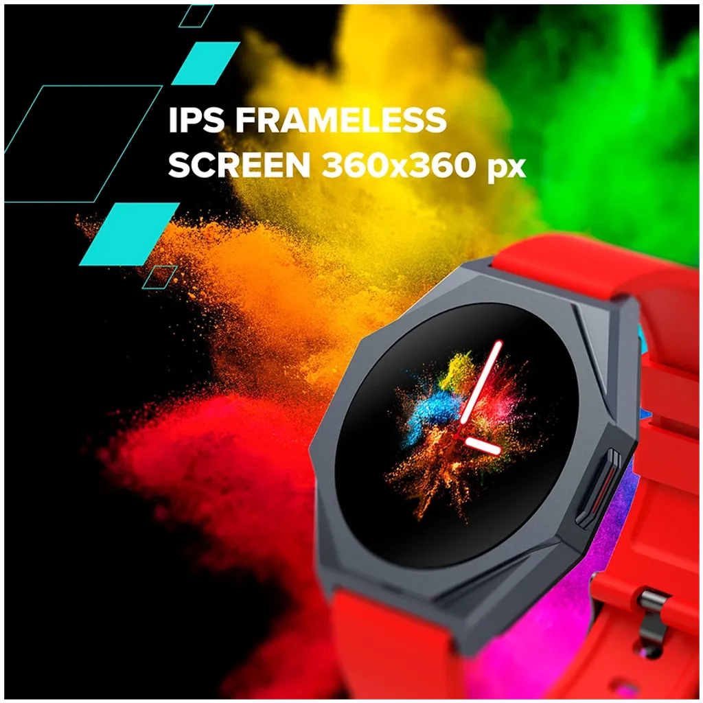 Smartwatch with colorful display on a vibrant background, highlighting IPS frameless screen.