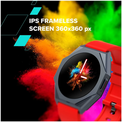 Smartwatch with colorful display on a vibrant background, highlighting IPS frameless screen.