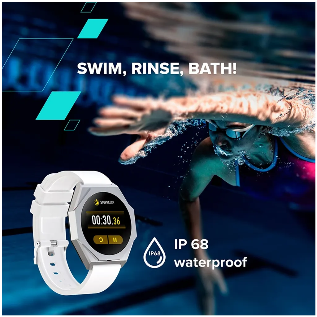 White smartwatch with digital display on a background of a swimmer, emphasizing waterproof feature.