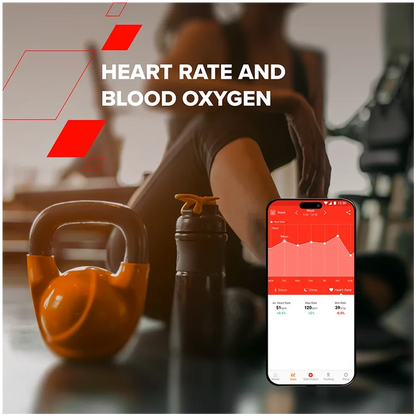 Person exercising with a kettlebell and water bottle, smartphone displaying heart rate and blood oxygen app on blurred background.