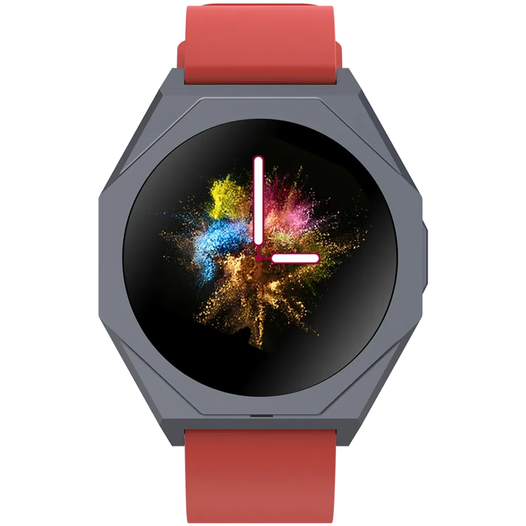Smartwatch with a red strap and colorful display on a white background