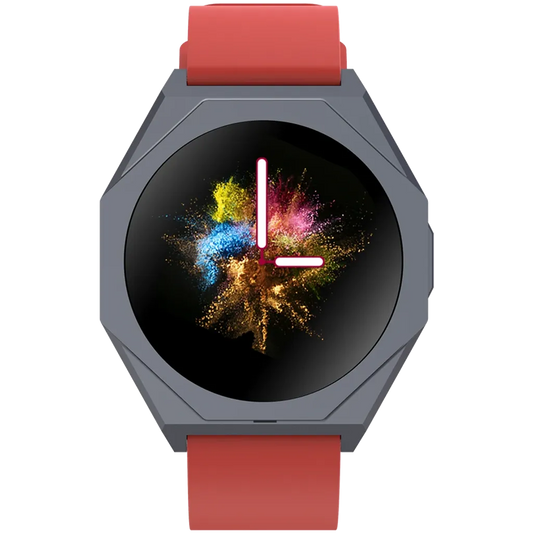 Smartwatch with a red strap and colorful display on a white background