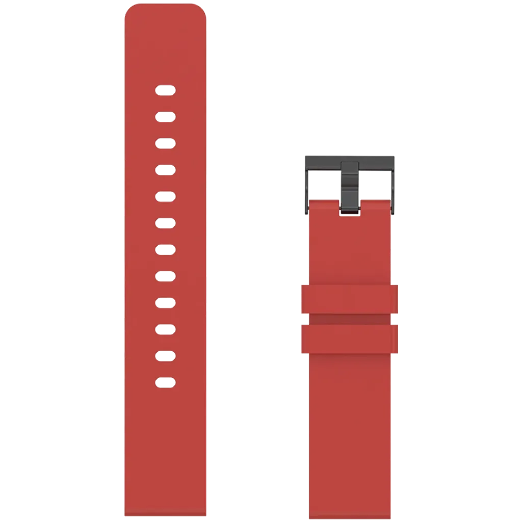 Red watch strap with a clasp on a white background