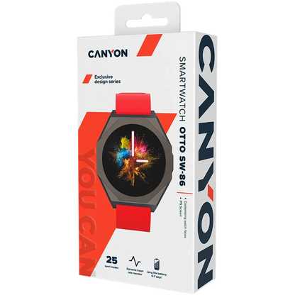 Canyon smartwatch packaging with a colorful display on a white background