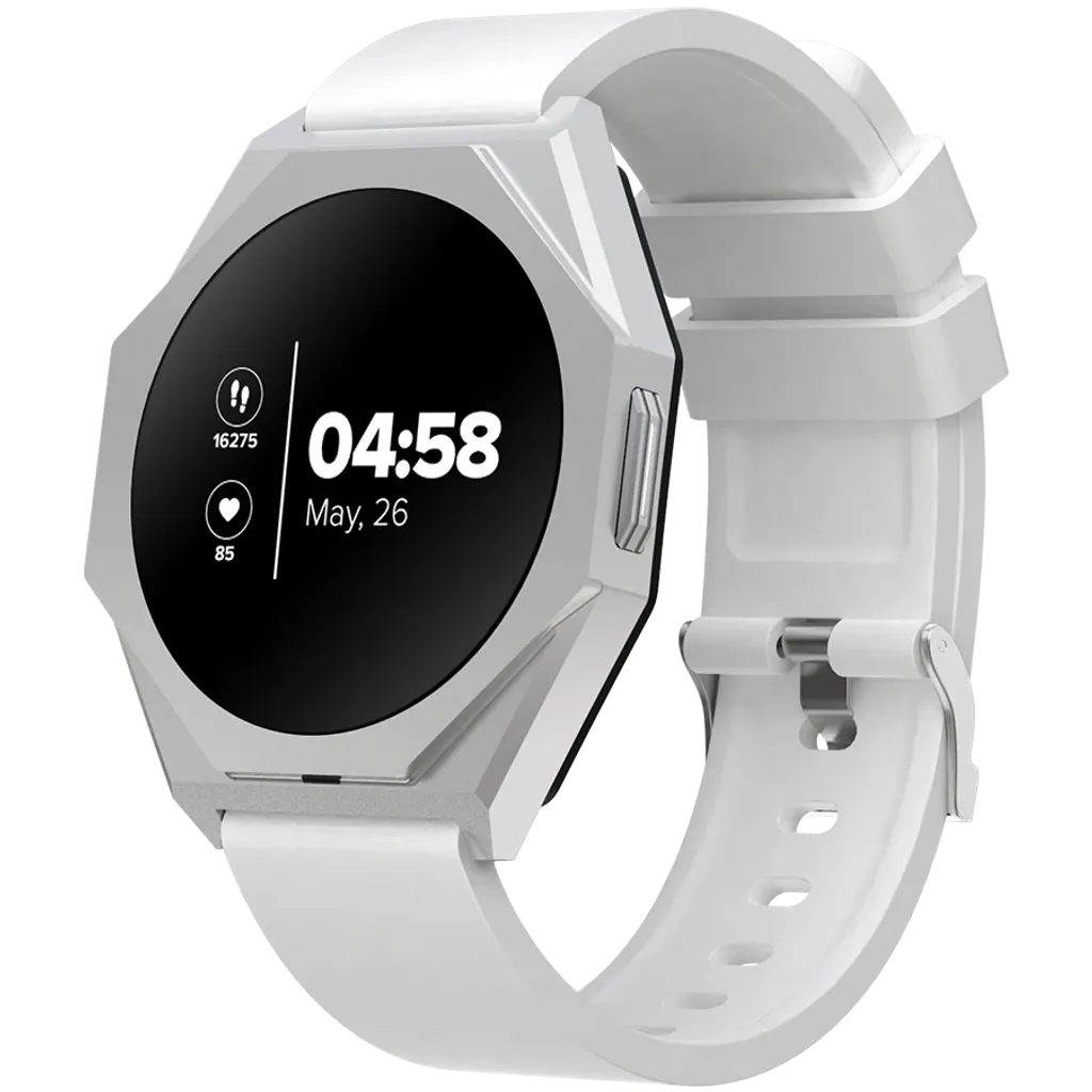 White smartwatch with a black display on a white background