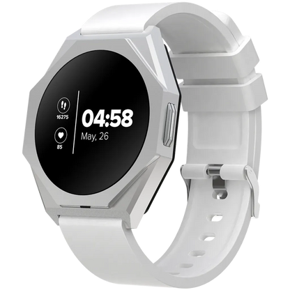 White smartwatch with a black display on a white background