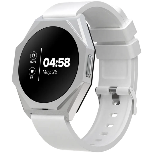 White smartwatch with a black display on a white background
