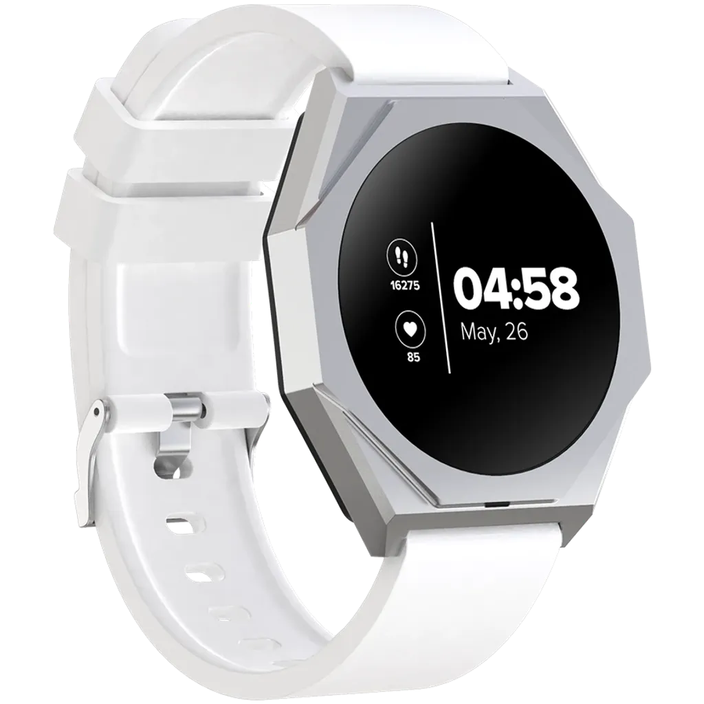 White smartwatch with a black display on a white background