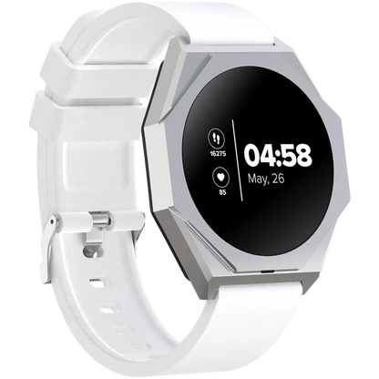 White smartwatch with a black display on a white background