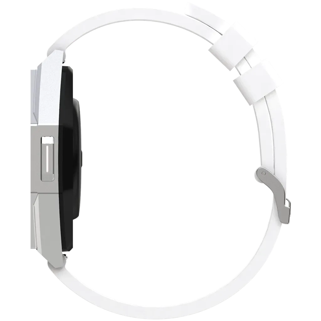 White smartwatch with black face on a white background