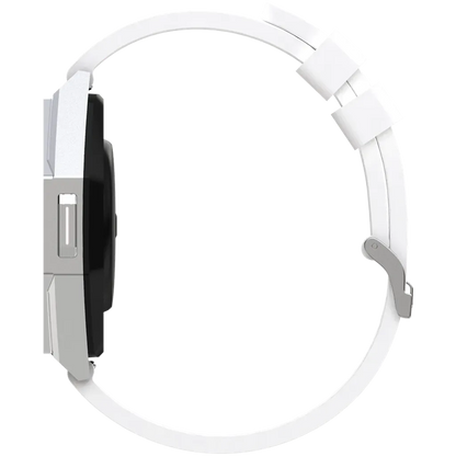 White smartwatch with black face on a white background