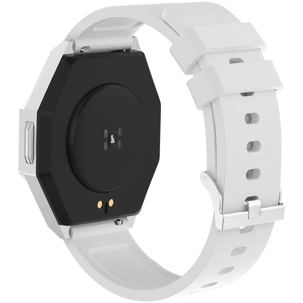 White smartwatch with a black face on a white background