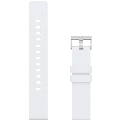 White strap with metal buckle on a white background
