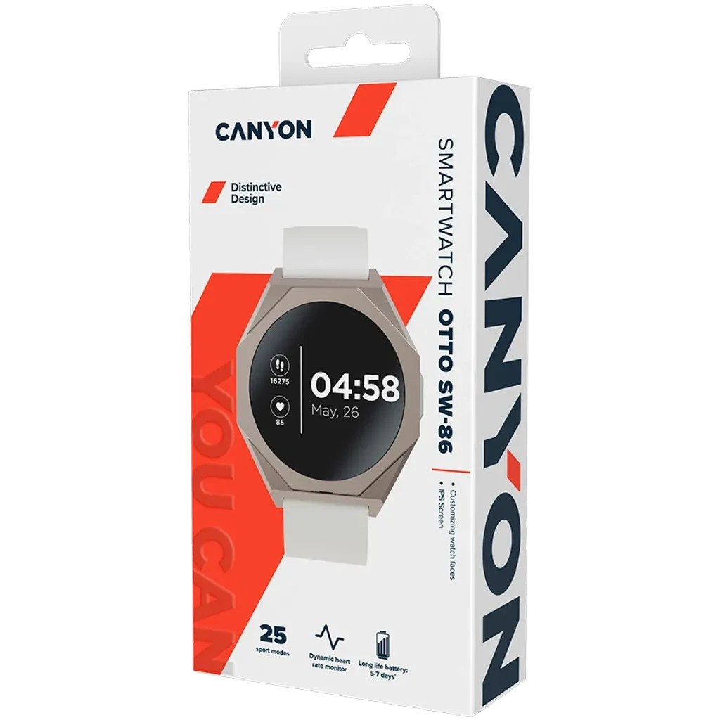 Canyon smartwatch packaging with digital display and branding