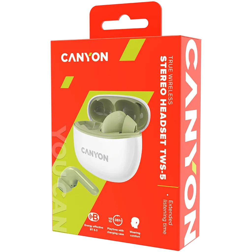 Canyon CNS-TWS5GR Bluetooth True Wireless Earphones with Silicone Cover and Clip - Green