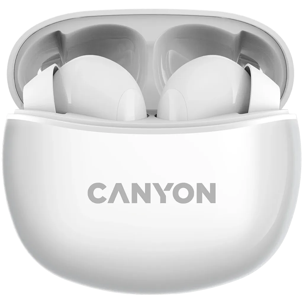 White Canyon TWS5 wireless earbuds with white charging case on a white background, featuring the brand 'Canyon'.