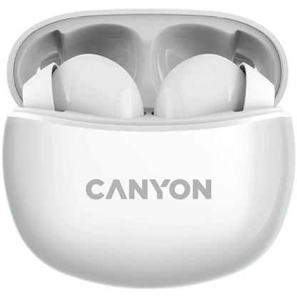 White Canyon TWS5 wireless earbuds with white charging case on a white background, featuring the brand 'Canyon'.