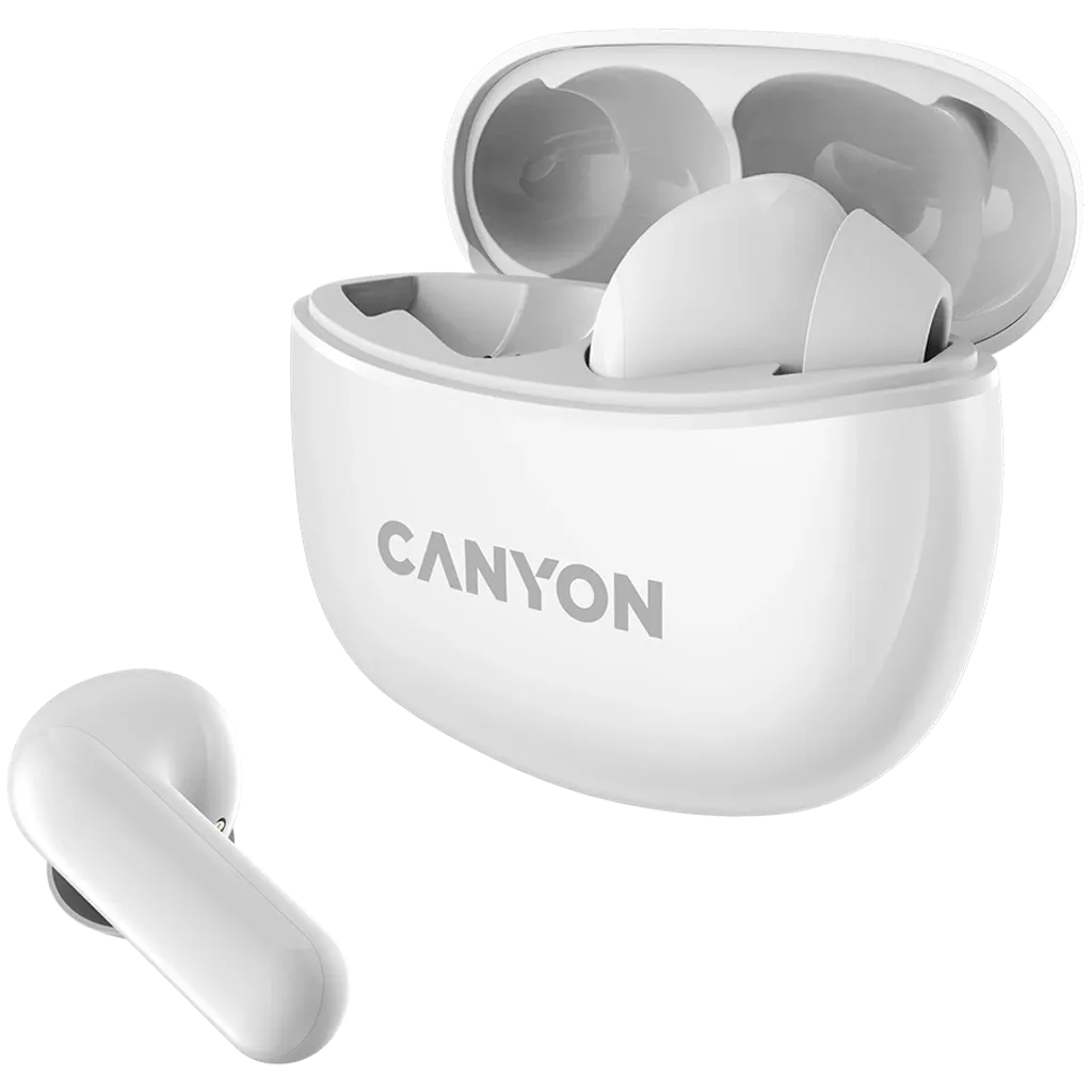 White Canyon TWS5 wireless earbuds in a white case on a white background