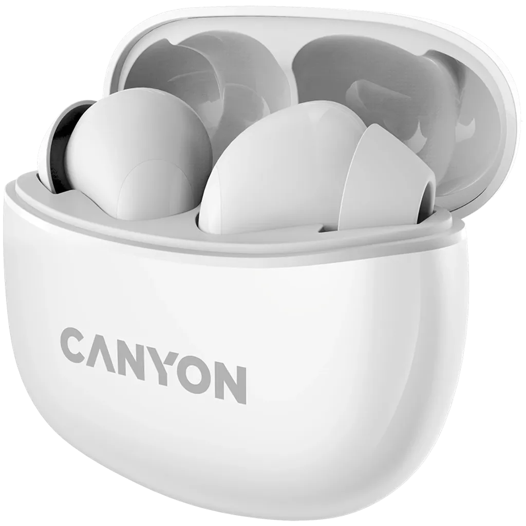 Open case showing the Canyon TWS5 White Earphones in the charging case 