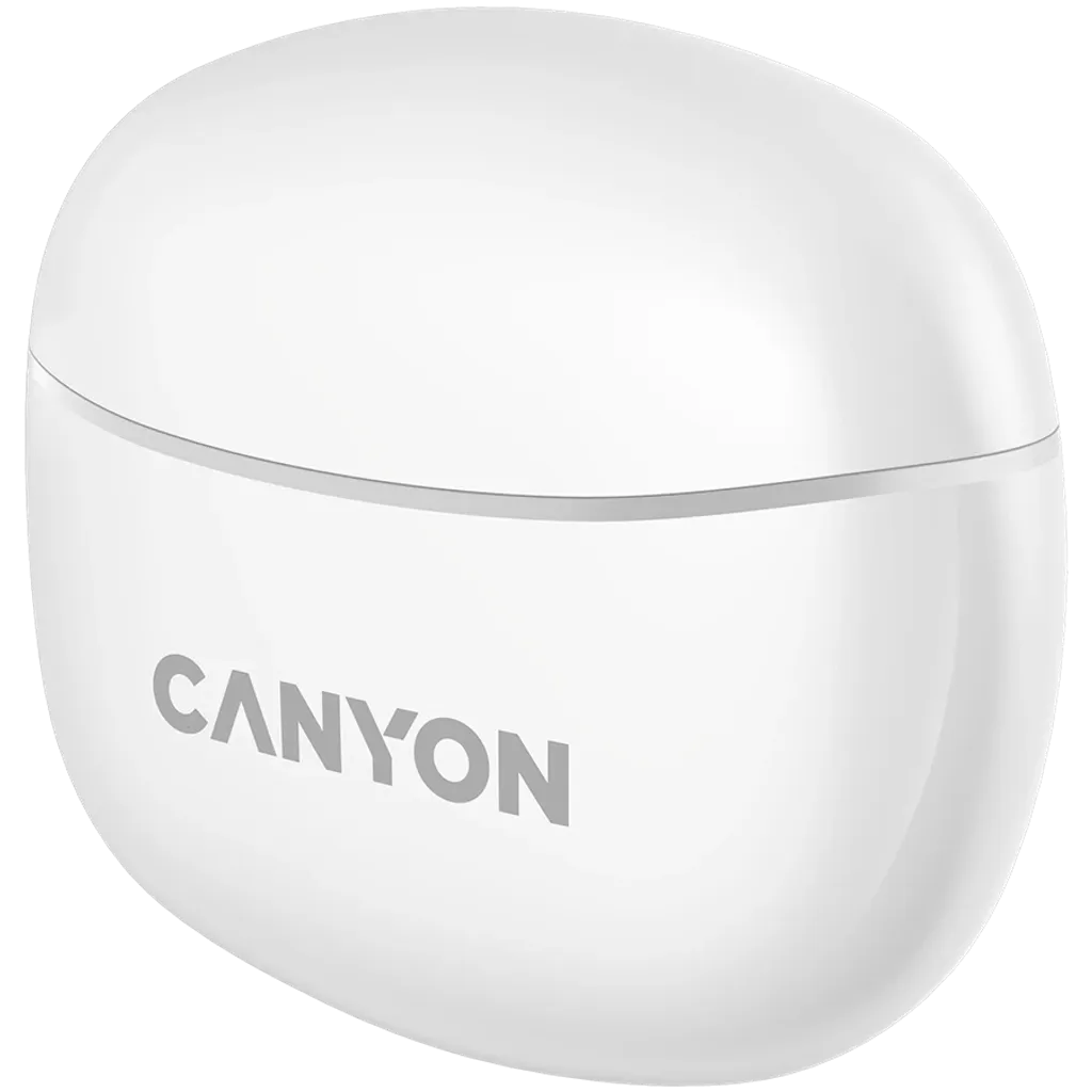 Canyon TWS5 Earphone case in white with Canyon logo on the front