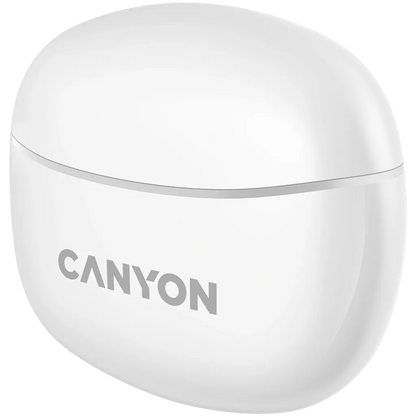 Canyon TWS5 Earphone case in white with Canyon logo on the front