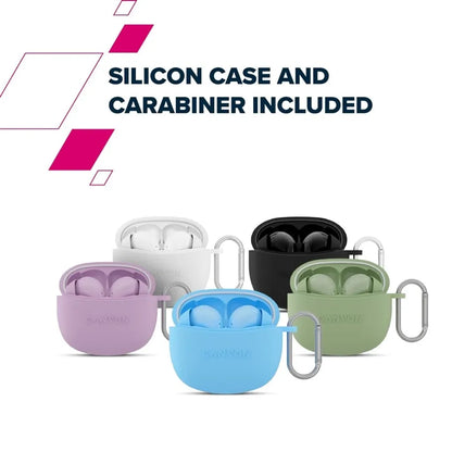 Canyon TWS5 earphones in Silicone cases with carabiners in various colors on a white background