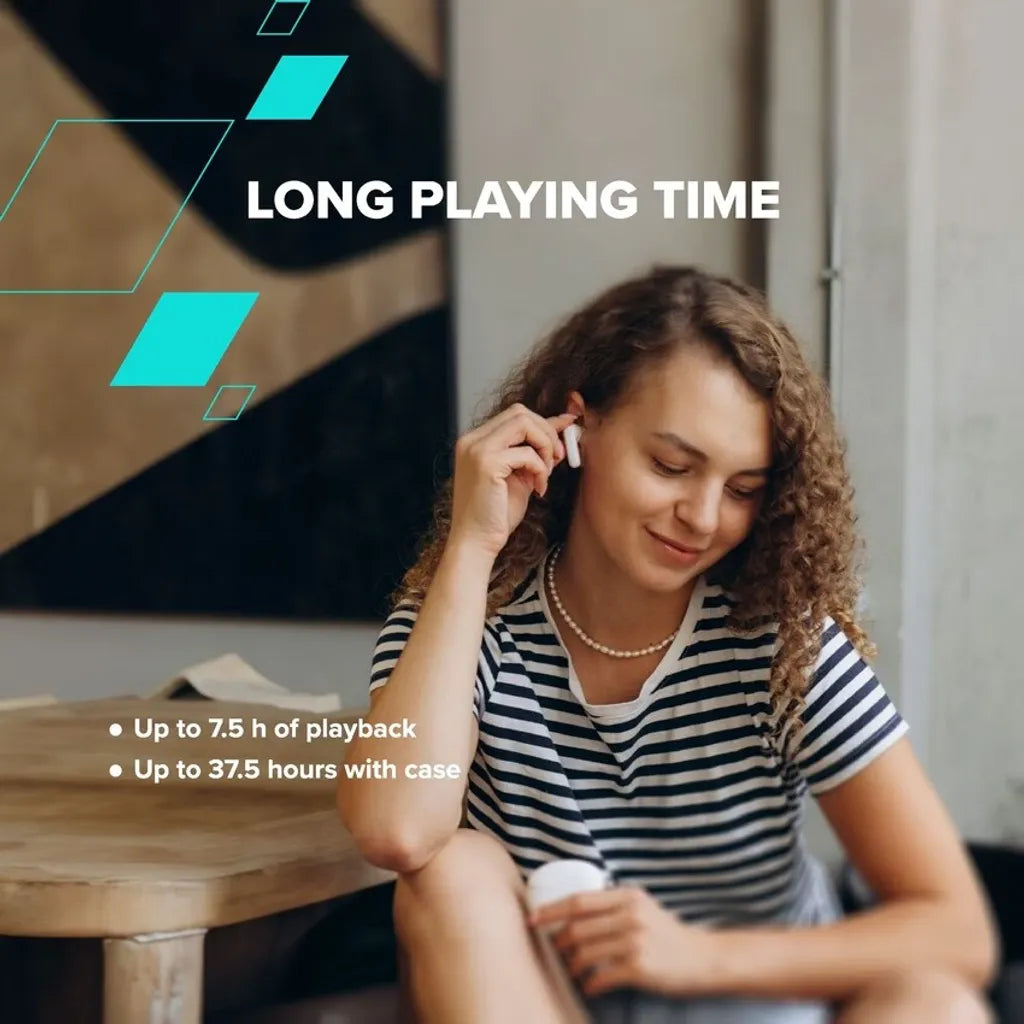 Woman using wireless earbuds with text about long playing time on a modern interior background