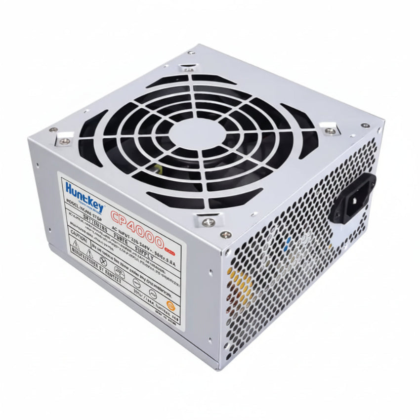 Front view of the Huntkey CP4000 400W ATX power supply with 120mm fan.

