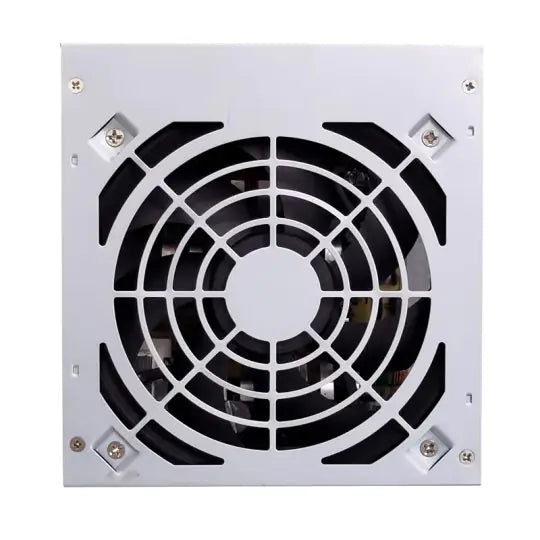 Close up view of the power supply fan and grill.