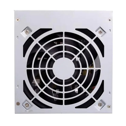 Close up view of the power supply fan and grill.