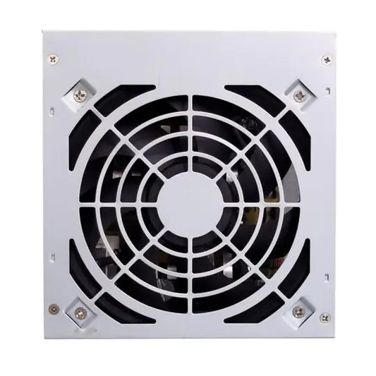 Close up view of the power supply fan and grill.