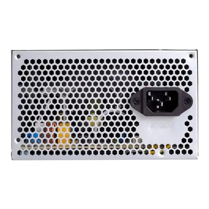 Rear view illustrating the AC input and honeycomb ventilation.
