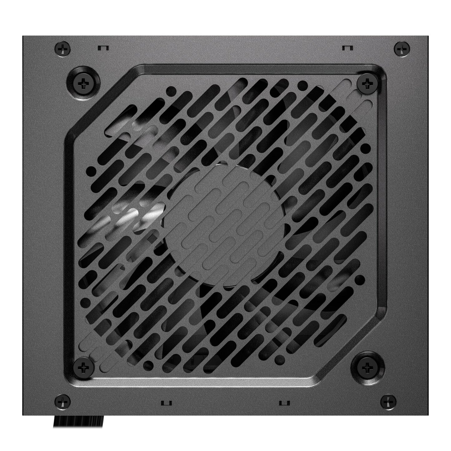 Black computer power supply unit with cooling fan on a white background