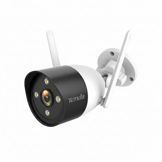 Front view of the Tenda CT6-WCA outdoor Wi-Fi camera with dual antennas.

