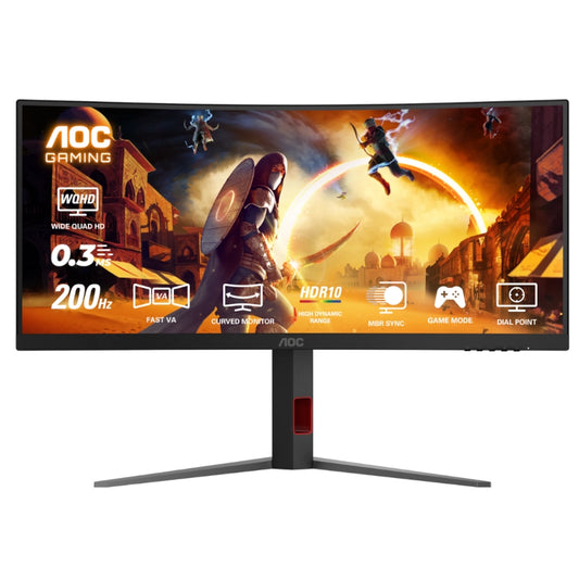 AOC gaming monitor with curved display and game scene on screen