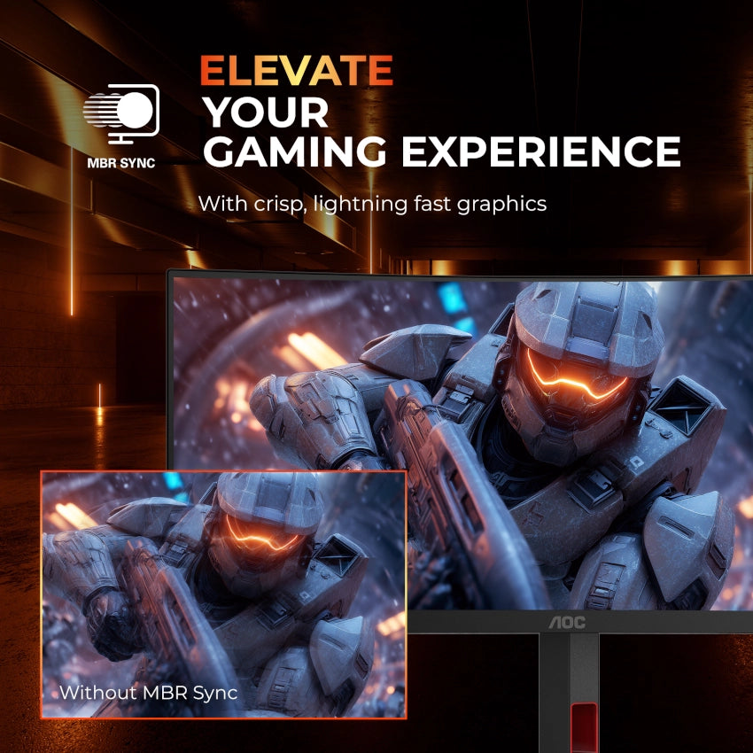 Advertisement for MBR Sync technology with a futuristic character and text on a dark background.