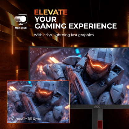 Advertisement for MBR Sync technology with a futuristic character and text on a dark background.