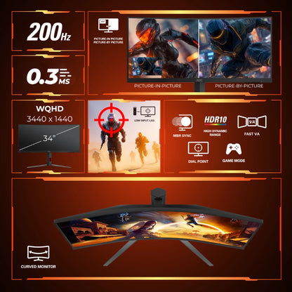 Gaming monitor with specifications and images of a game on screen.