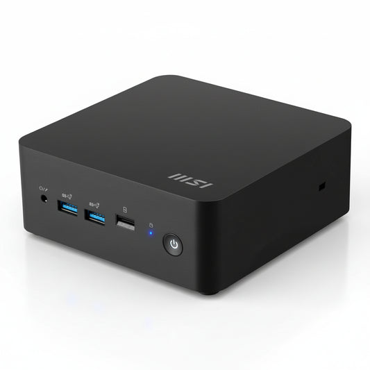 MSI Cubi 5 1M mini PC with Intel Core 3 100U front angled view.

